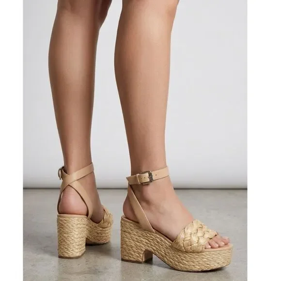 Marc Fisher Platform Sandal 10 Espadrille Neutral Summer Chic Raffia Beige Steel - Picture 13 of 13
